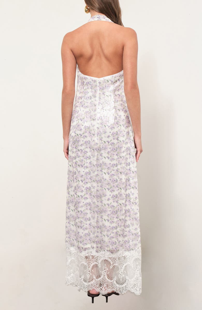 MAUDE CLUB Apollo Floral Sequin Halter Neck Dress, Alternate, color, Lilac Bellflower Sequins