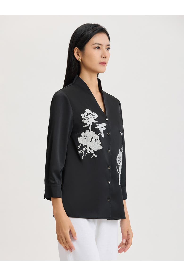 Embroidered Crepe de Chine Blouse, Alternate, color, Black/New Ivory