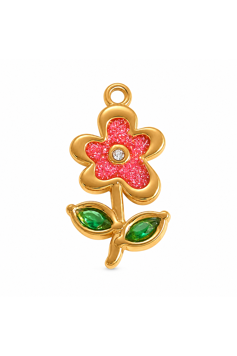 18K Yellow Gold Plated Pink Flower Charm, Main, color, Pink/Green/Gold