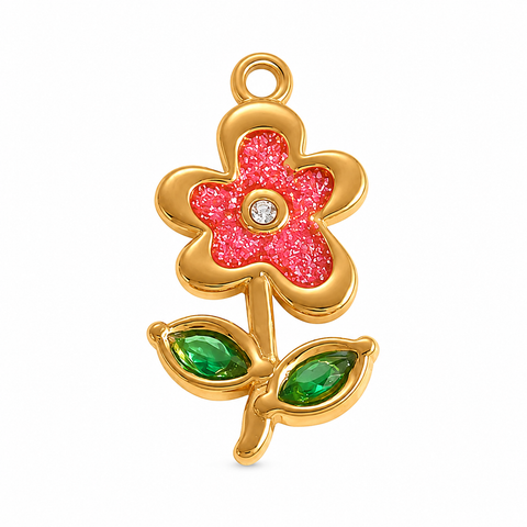 18K Yellow Gold Plated Pink Flower Charm