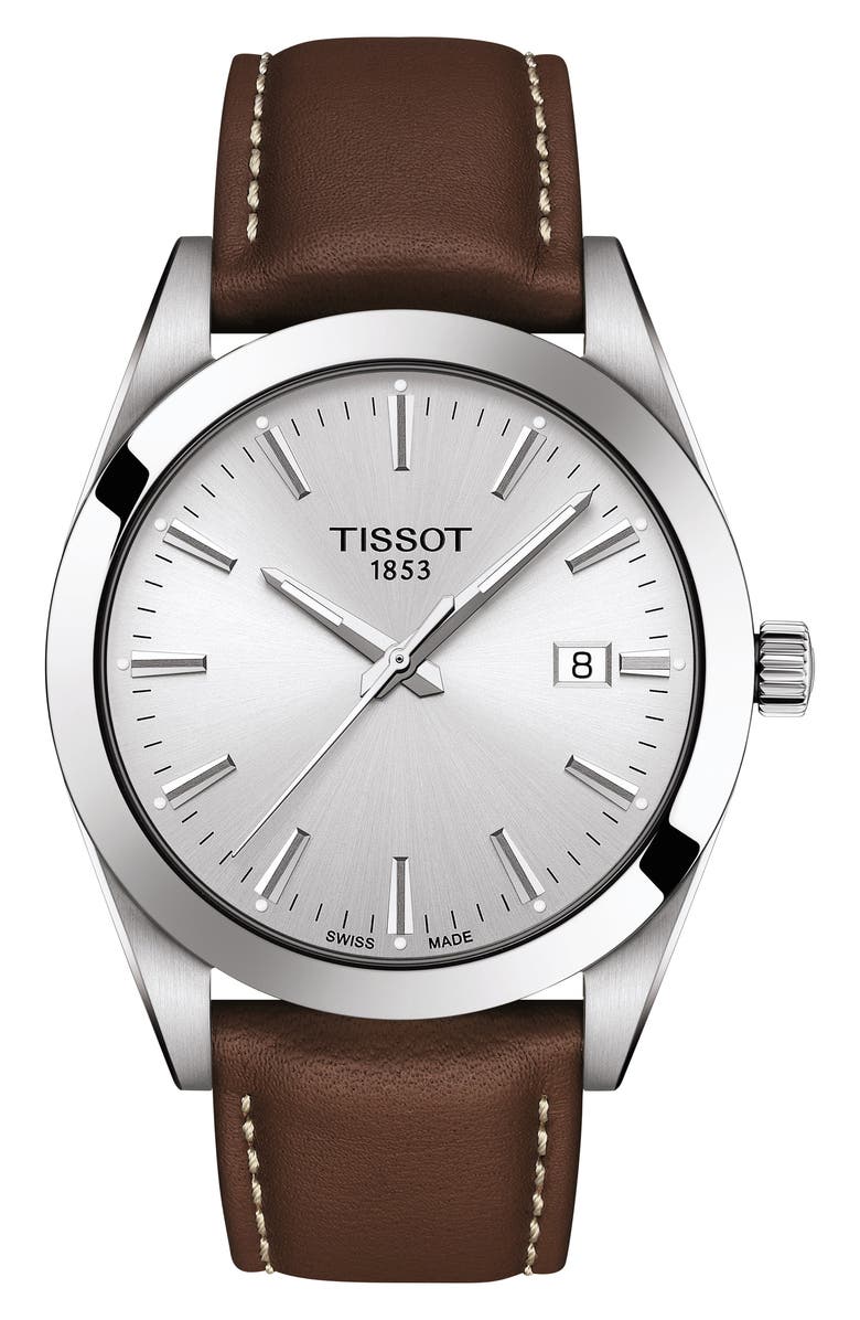 Tissot T-Classic Gentleman Leather Strap Watch, 40mm, Main, color, Brown/ Silver
