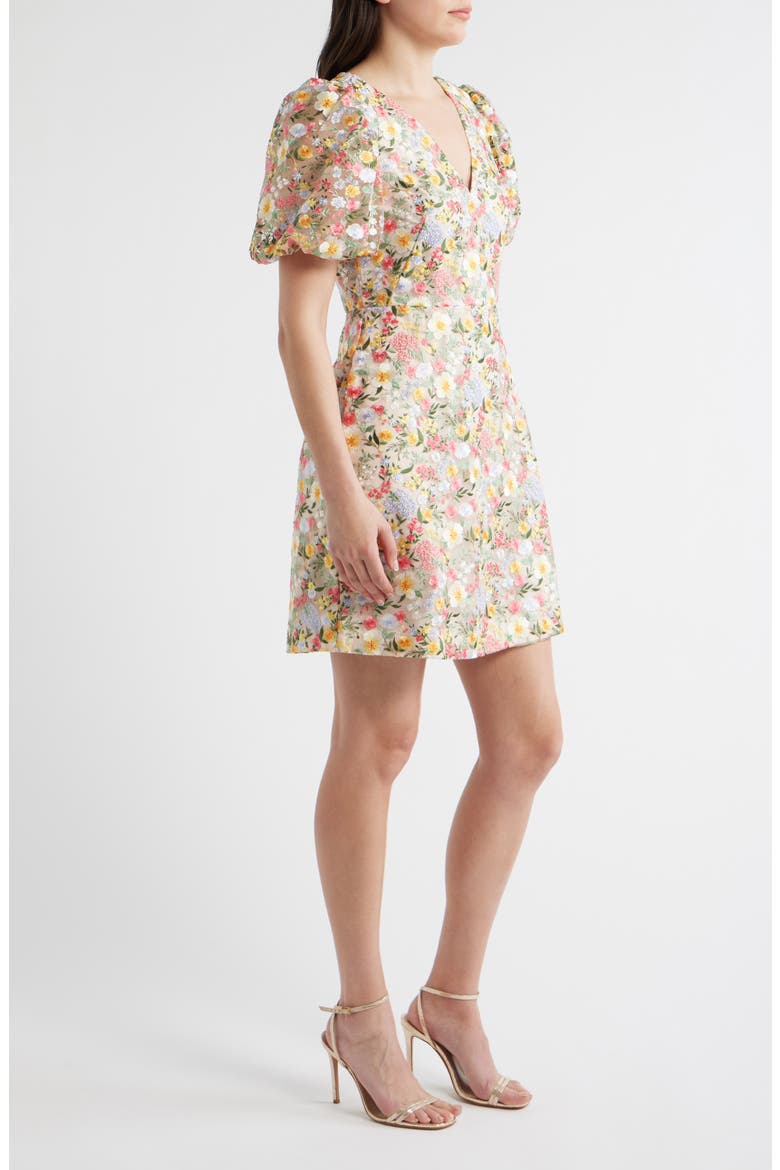 Embroidered Puff Sleeve Cocktail Dress, Alternate, color, MULTI FLORAL IVORY