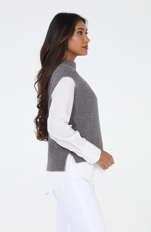 Rain And Rose Mixed Media Layered Look Funnel Neck Sweater Vest In Gray