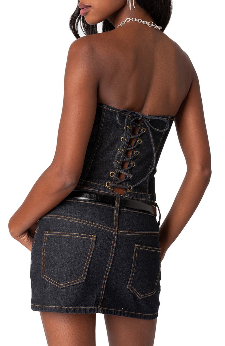 EDIKTED Foster Lace-Up Strapless Denim Corset, Alternate, color,