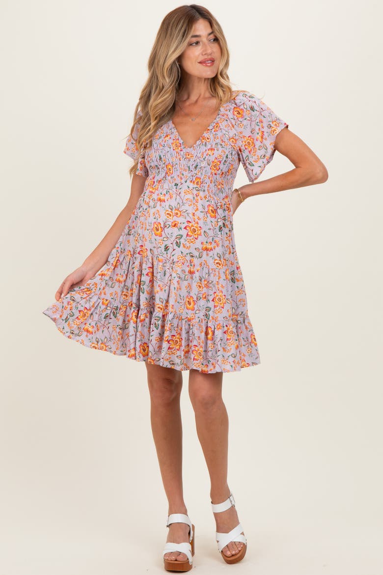 V Neck Smocked Bodice Floral Print Dress, Alternate, color, Lavender