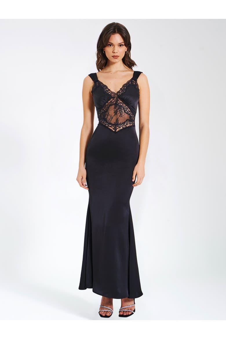 Camila Satin and Lace Maxi Dress, Main, color, Black