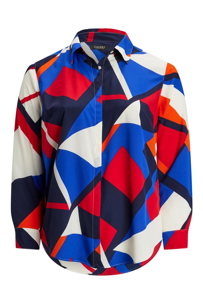 Print Crêpe de Chine Button-Up Shirt, Alternate, color, BLUE MULTI