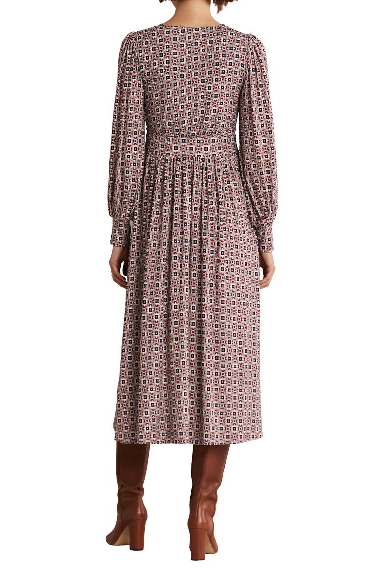 Print Long Sleeve Faux Wrap Midi Dress, Alternate, color, ALMOND PINK SQUARE