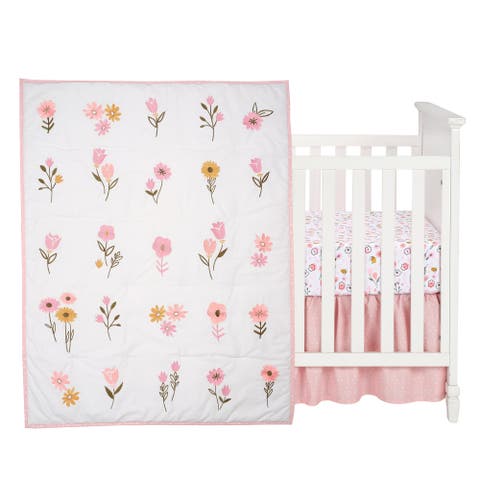 Little Garden 3-Piece Embroidered Floral Baby Crib Bedding Set