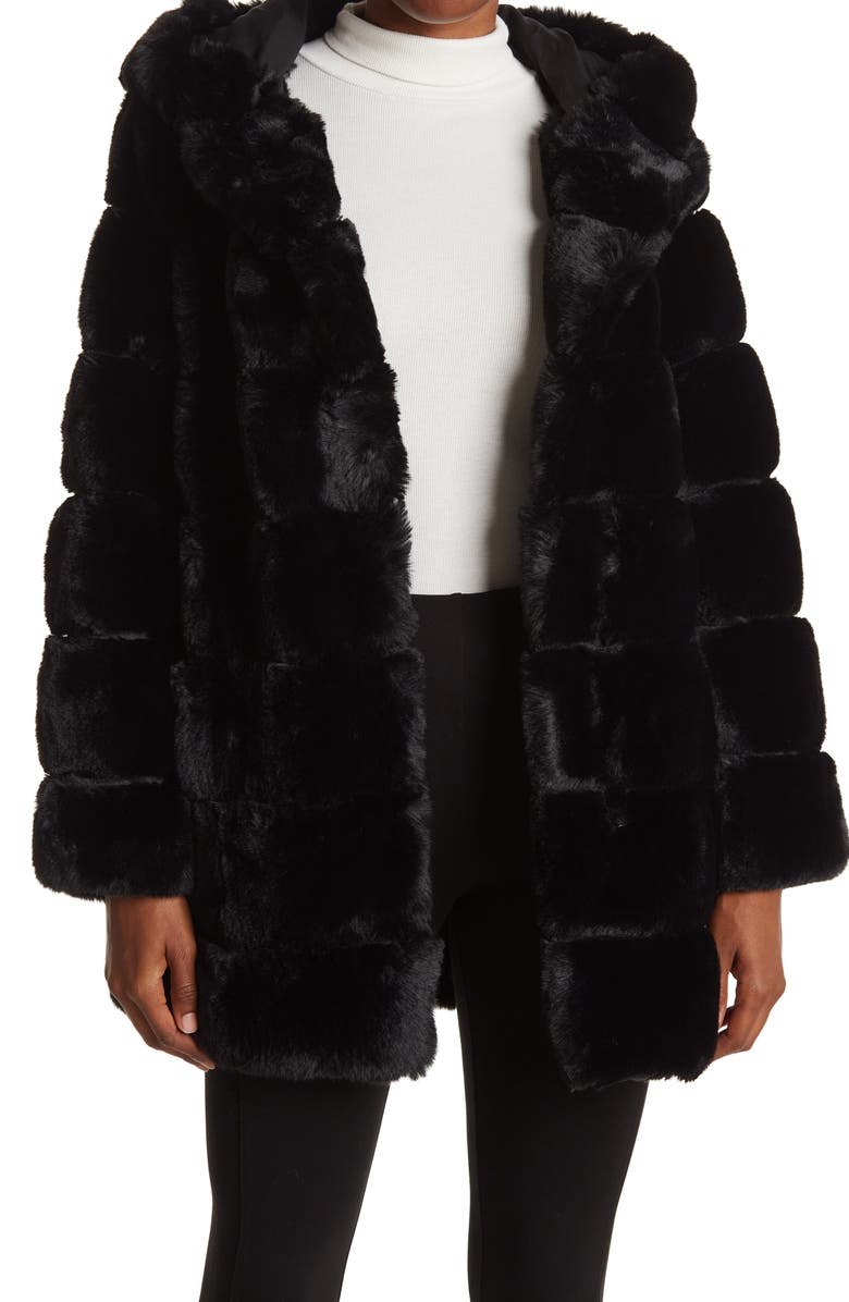BCBGeneration BCBGMAXAZRIA Quilted Faux Fur Hooded Coat, Main, color,