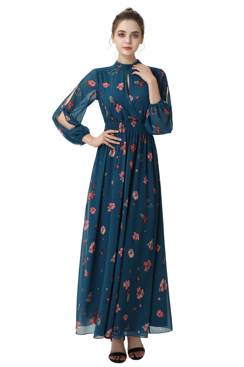 Floral Print Long Sleeve Maternity Maxi Dress, Alternate, color, BLUE