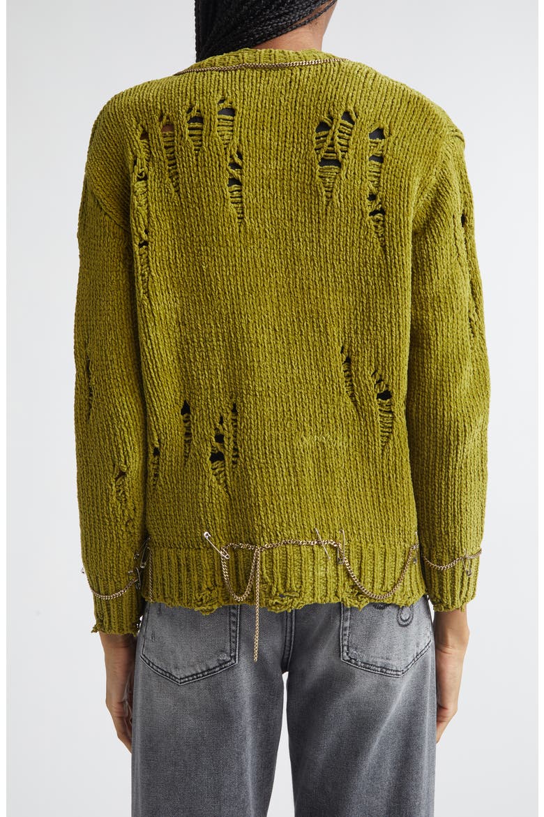 Safety Pin Chain Detail Ripped Cotton Cardigan, Alternate, color, LIGHT GREEN
