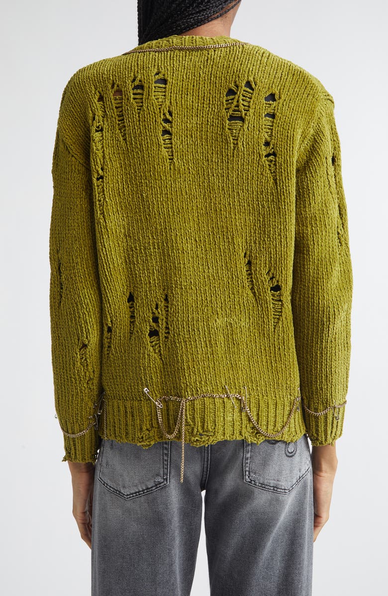 R13 Safety Pin Chain Detail Ripped Cotton Cardigan, Alternate, color, Light Green