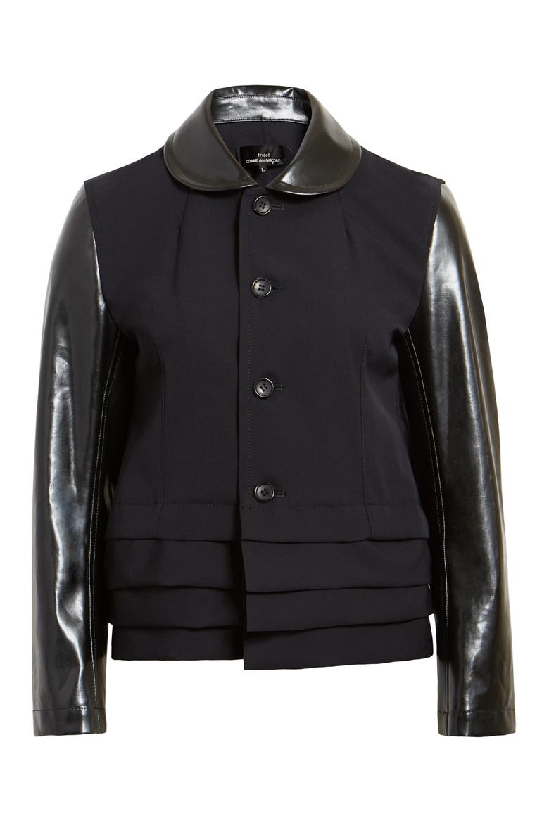 Tricot Comme des Garçons Laminated Contrast Ruffle Hem Crop Wool Jacket, Main, color, BLACK