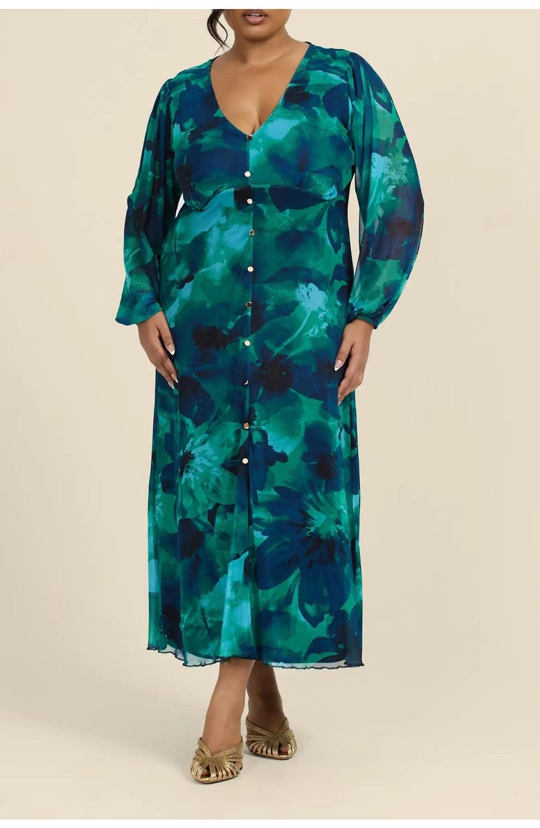 FASHION-SZN CURVE Button Up Plisse Midi Dress, Alternate, color, Green