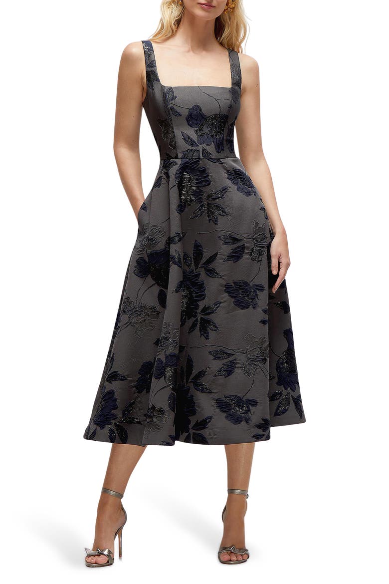 Metallic Fit & Flare Midi Dress, Main, color, NOIR MIDNIGHT NAVY