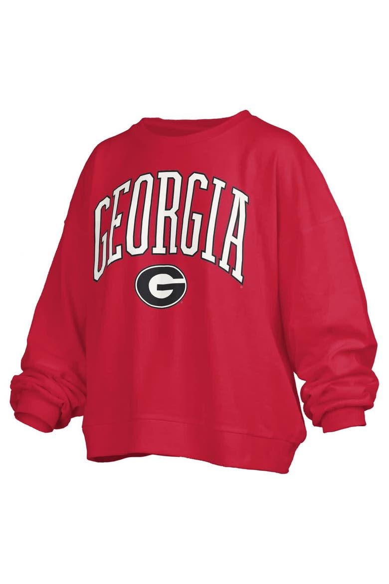 Women's Pressbox Red Georgia Bulldogs Janise Arch Over Logo Waist Length Oversized Pullover Sweatshirt, Alternate, color, Red