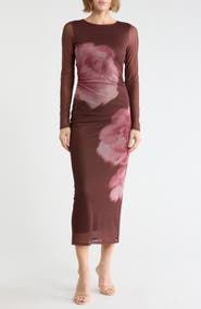 Madden Girl Mesh Long Sleeve Ruched Maxi Dress