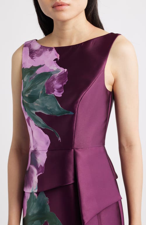 Kay Unger Luciana Placed Floral Column Gown In Purple
