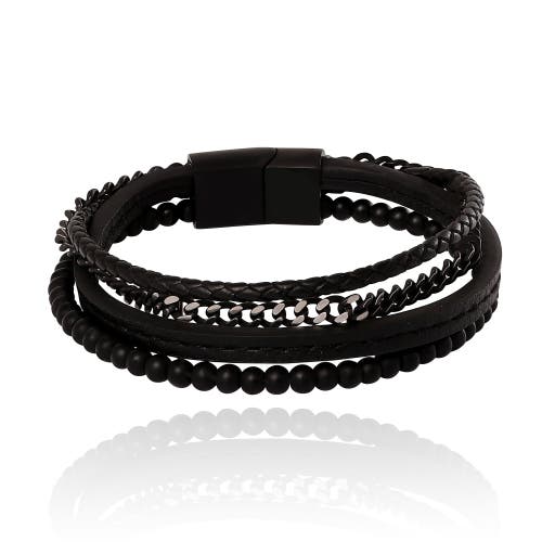 Lucky Brand All Black Beaded & Leather Layered Bracelet With Magnetic Clasp