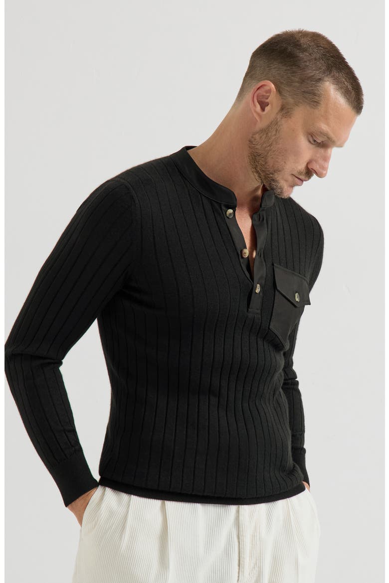 Cashmere and silk ribbed sweater with Henley collar and chest pocket, Main, color, Black