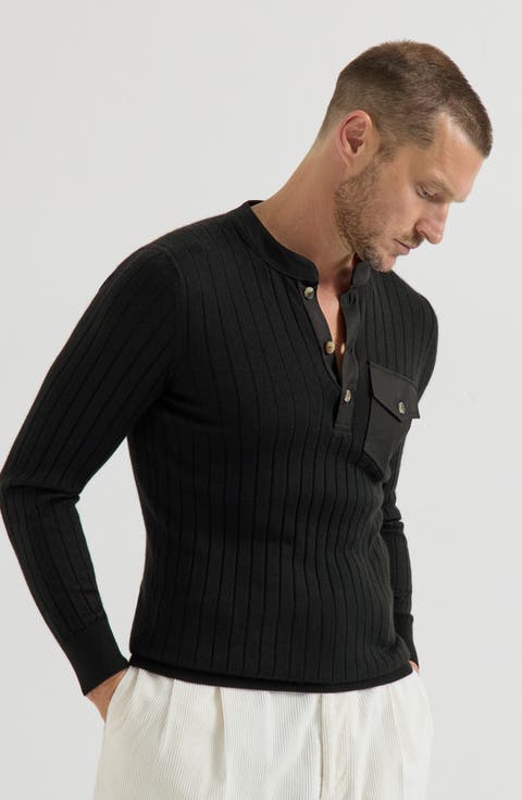 Cashmere and silk ribbed sweater with Henley collar and chest pocket