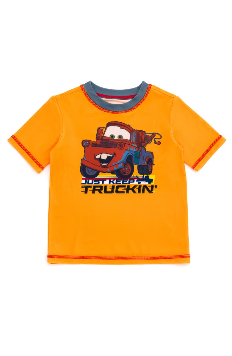 Disney Cars Short Sleeve Rash Guard & Swim Trunks, Alternate, color, Orange Cars Just Keep Truckin'