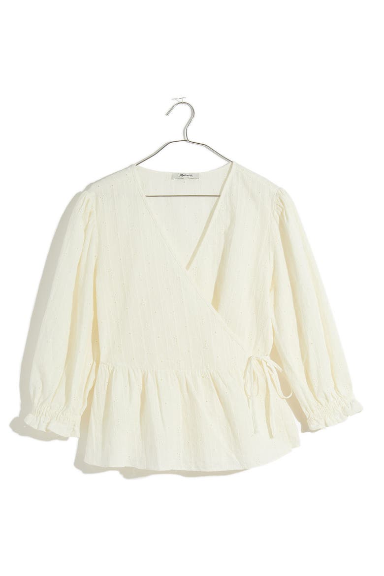 Embroidered Eyelet Puff Sleeve Peplum Wrap Top, Alternate, color, LIGHTHOUSE