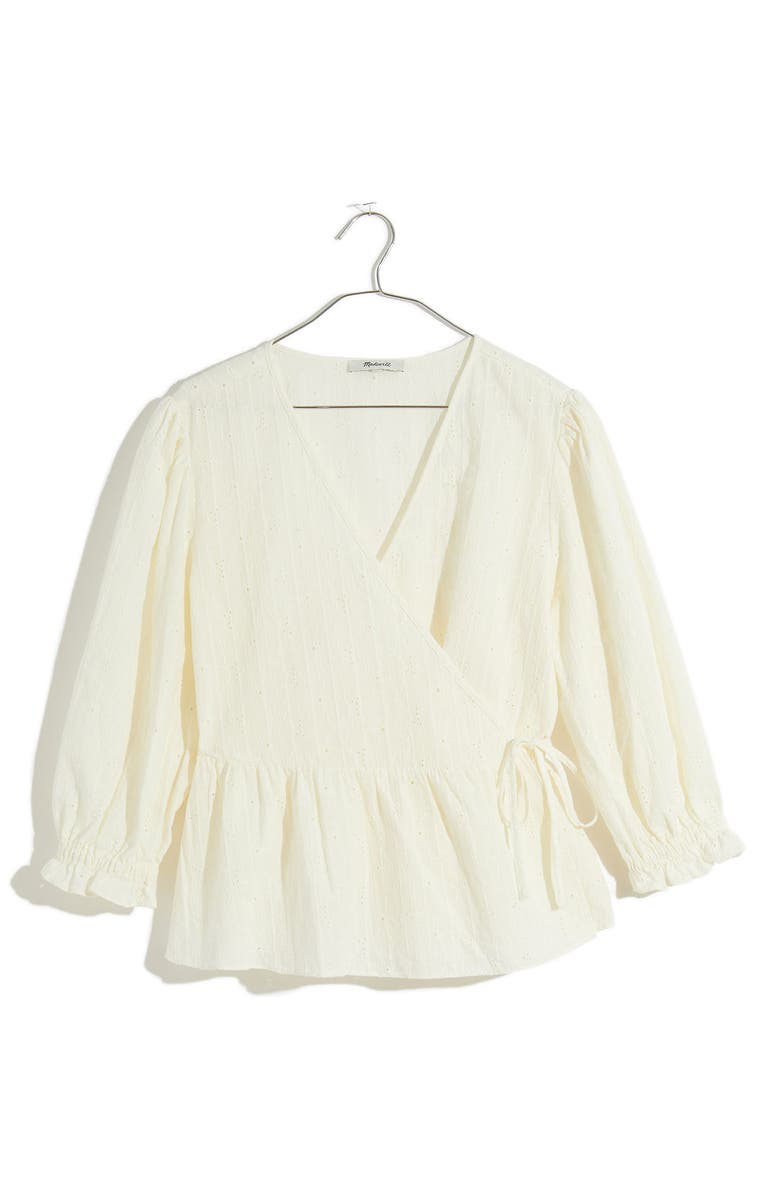 Madewell Embroidered Eyelet Puff Sleeve Peplum Wrap Top, Alternate, color, 