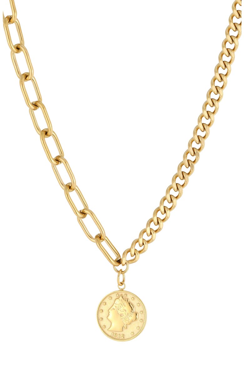 18k Gold Plated Mixed Chain Coin Pendant Necklace, Alternate, color, GOLD