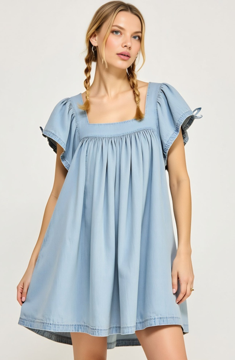 Square Neck Flutter Sleeve Gathered Skirt Babydoll Dress