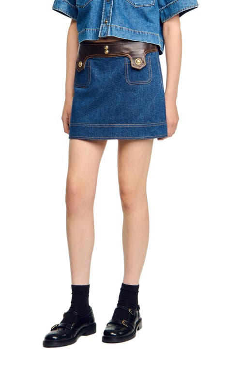 Sandro Womens Dark Blue Leather-trim Mid-rise Denim Mini Skirt In Blue
