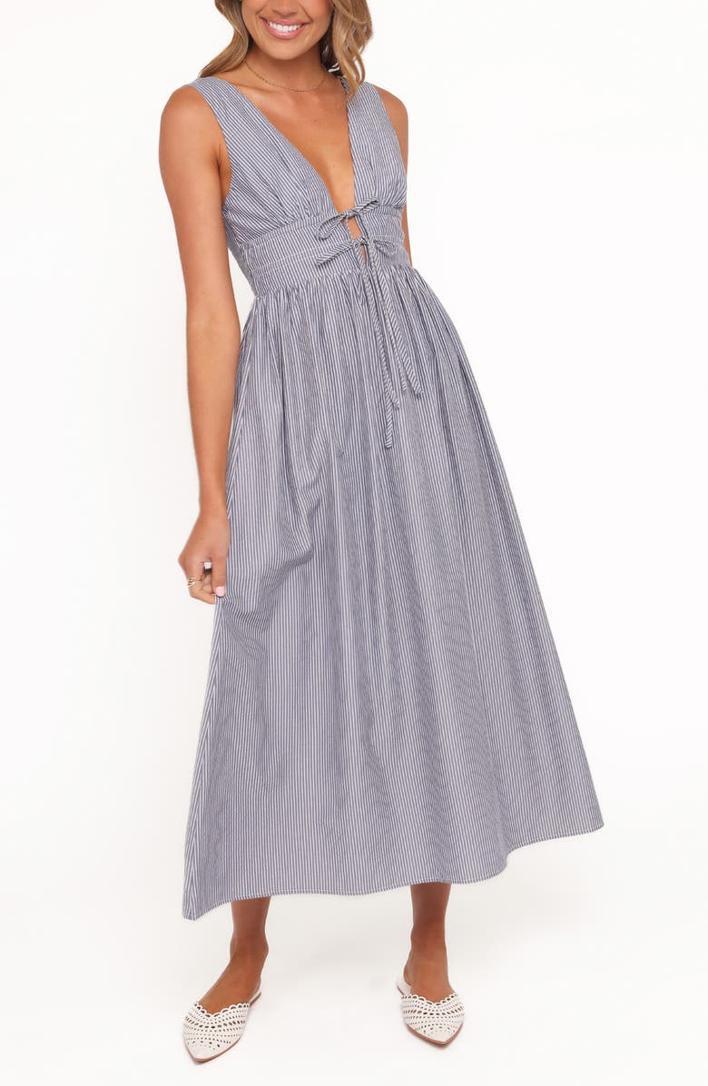 Petal & Pup Annora Pinstripe Cotton Midi Dress, Alternate, color, Navy Pinstripe