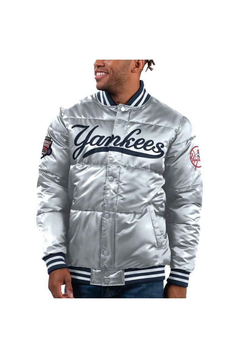 Men's Starter Silver New York Yankees Bronx Satin Full-Snap Varsity Bomber Jacket, Main, color, Silver