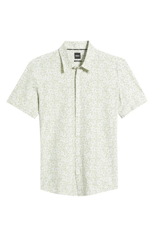 Hugo Boss Boss Roan Floral Short Sleeve Stretch Button-up Shirt In Medium Green