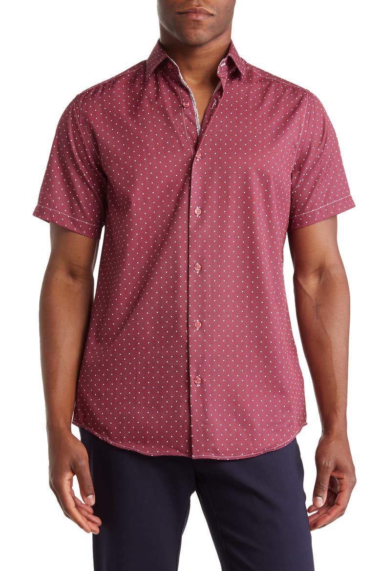 Slim Fit Performance Short Sleeve Button-Up Shirt, Main, color, DARK RED