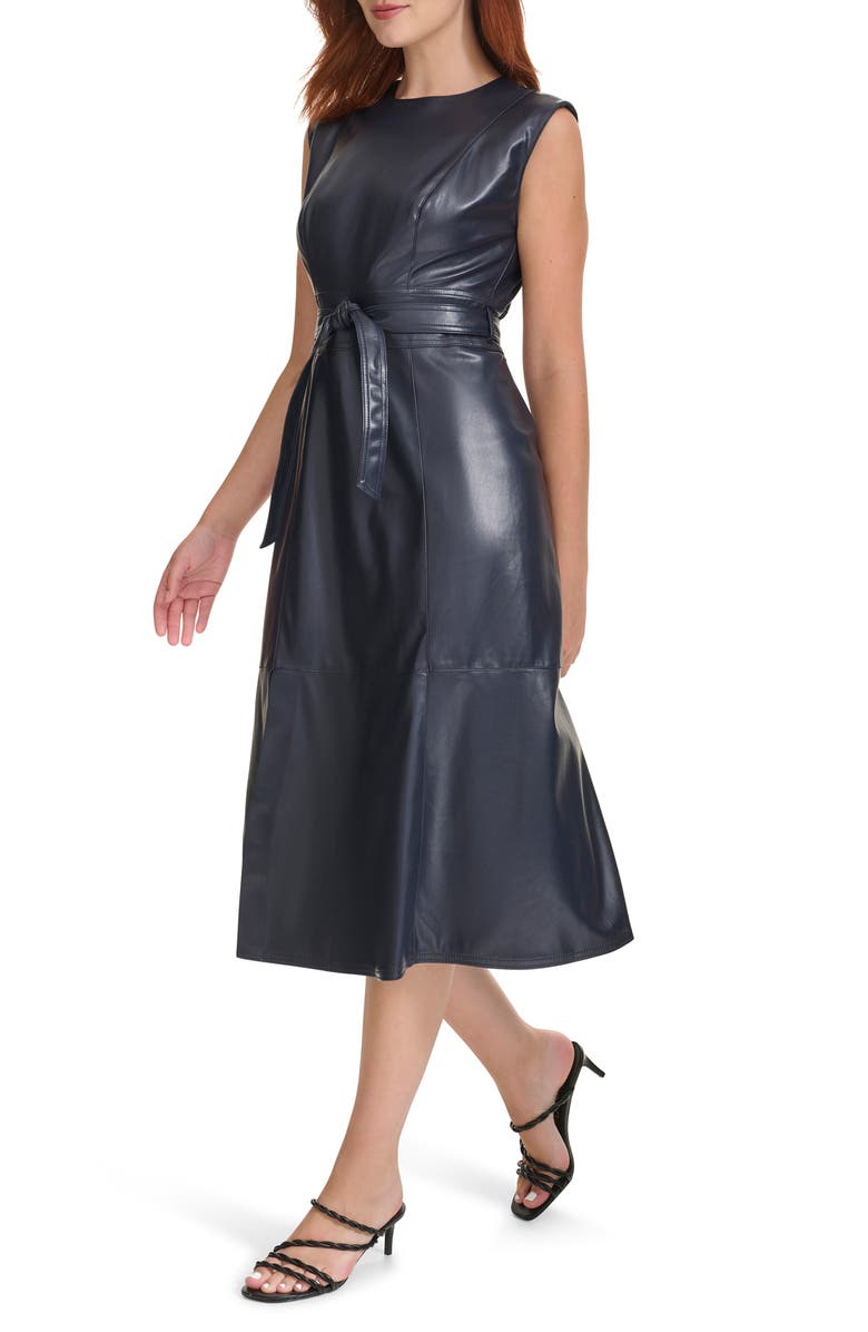 Calvin Klein Faux Leather Sleeveless Belted Midi Dress, Alternate, color,