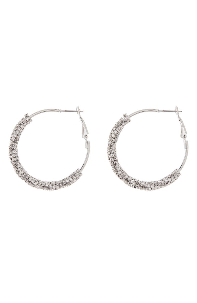 CRISTABELLE Silvertone Plate Crystal Hoop Earrings, Main, color, 
