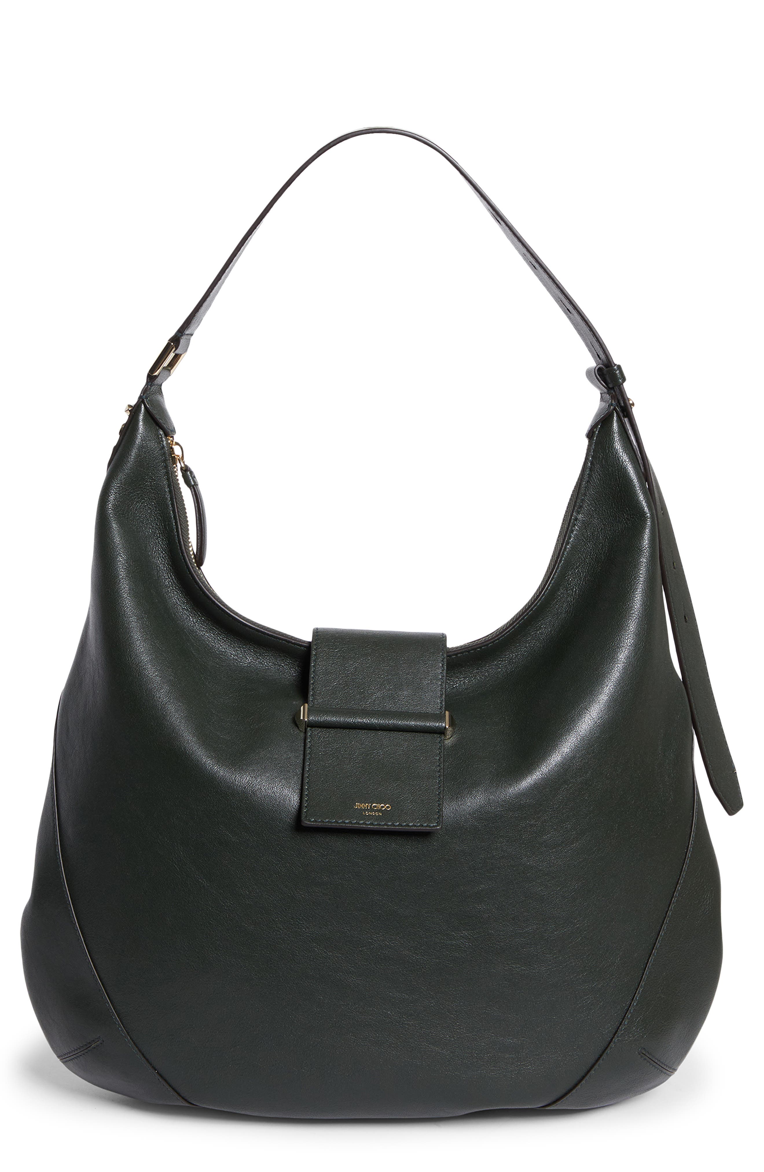 Jimmy Choo Medium Bar Hobo Leather Shoulder Bag, Main, color, British Green/ Shiny Gold