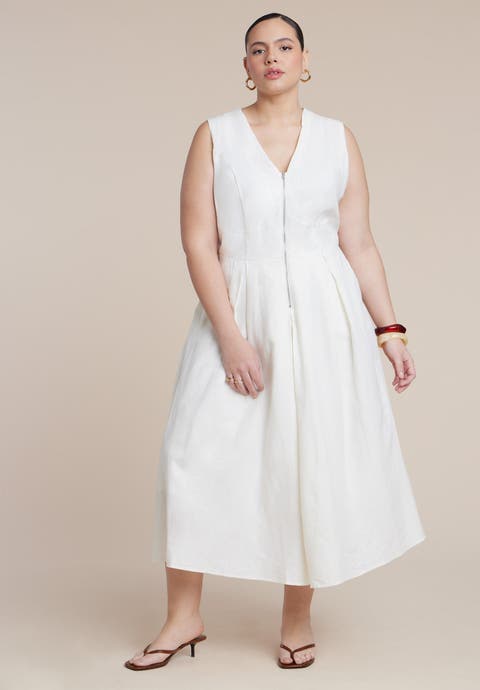 Zipper Detail Linen Maxi Dress (Plus)