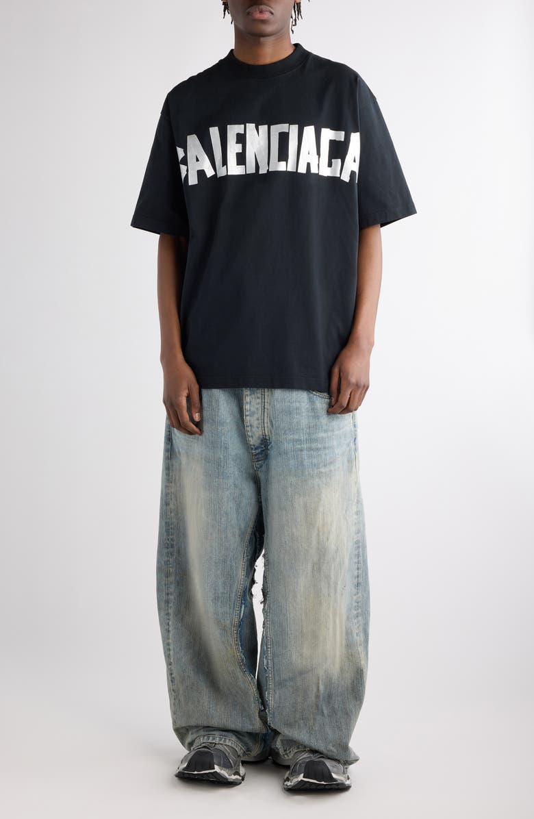 Balenciaga Distressed Tape Logo Cotton T-Shirt, Alternate, color, Faded Black/ Silver