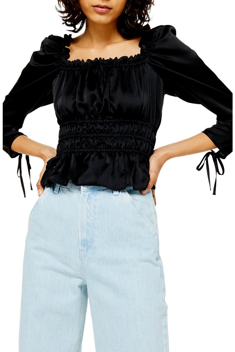 Satin Gather Prairie Blouse, Main, color, BLACK