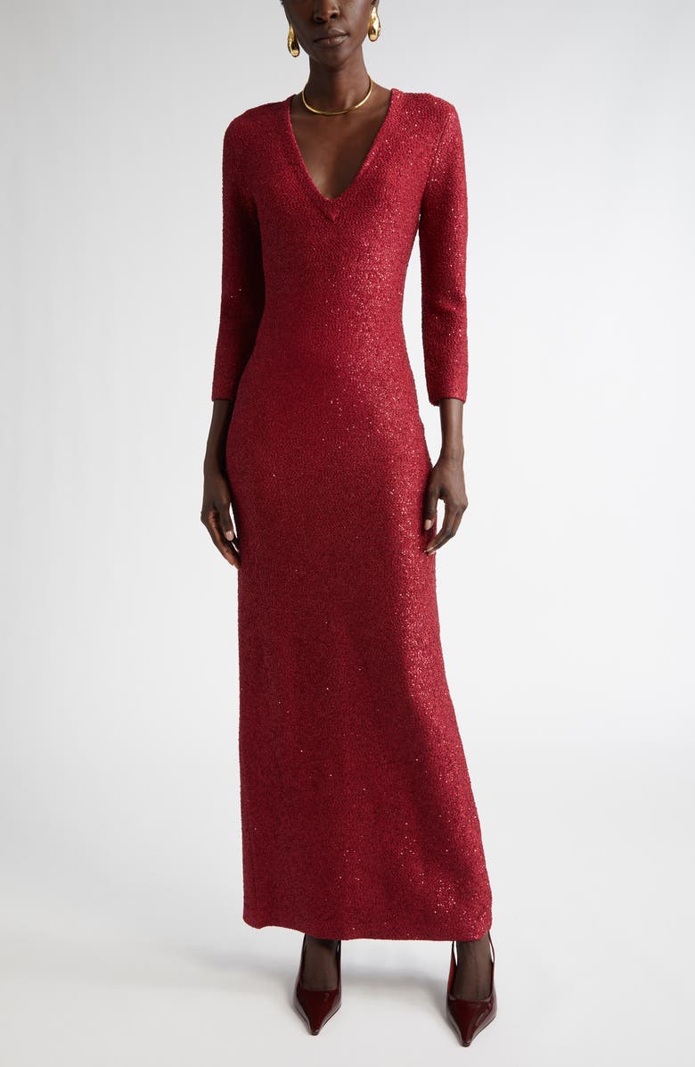 St. John Collection Sequin Metallic V-Neck Knit Gown, Main, color, 