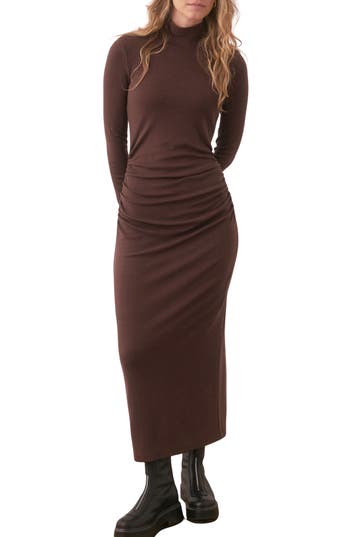 Marine Layer Lexi Ruched Turtleneck Long Sleeve Rib Midi Dress In Brown