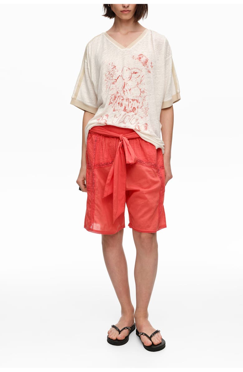 Bimba y Lola Cotton Pleated Bermuda Shorts with Lace Trim, Alternate, color, Coral