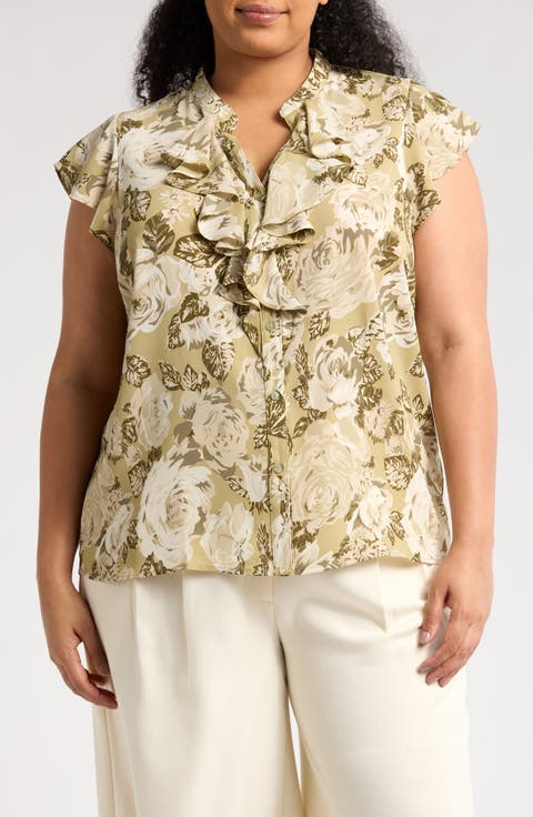 Ruffle Cap Sleeve Button-Up Top (Plus)