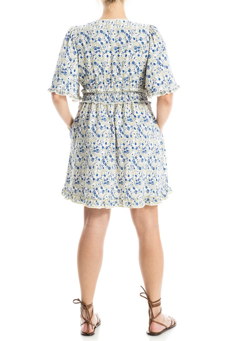 Ruffle Short Sleeve Fit & Flare Dress, Alternate, color, CREAM/ BLUE WHIMSICAL PETALS