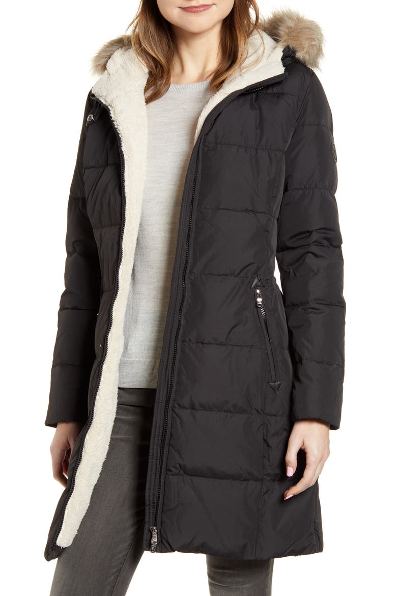 Quilted Faux Shearling Lined Down & Feather Parka, Main, color, BLACK