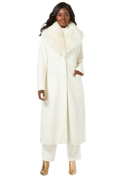 Jessica London Long Wool-blend Coat With Faux Fur Collar In White