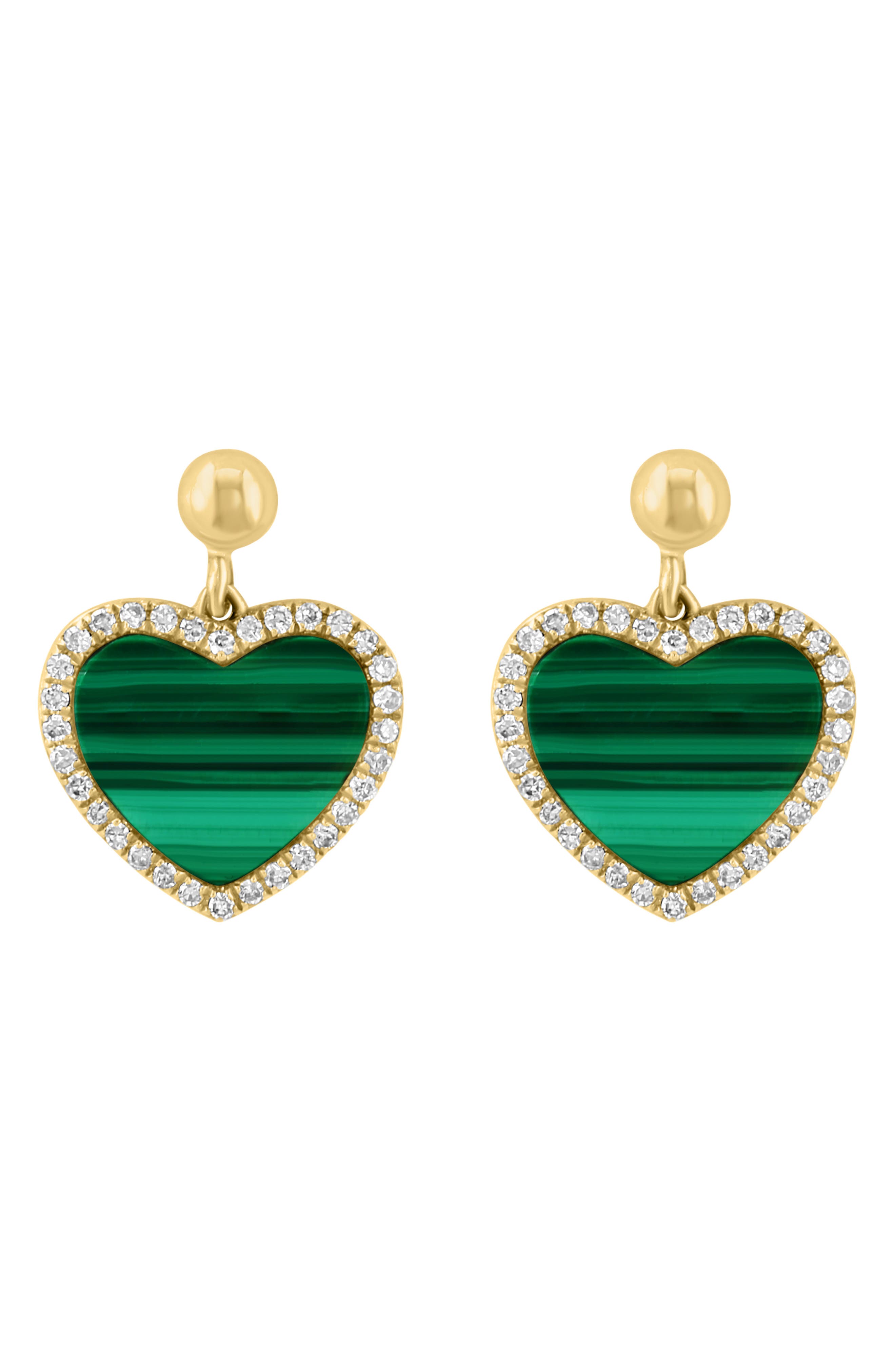 EFFY 14K Yellow Gold, Malachite & Diamond Heart Earrings - 0.19 ctw
